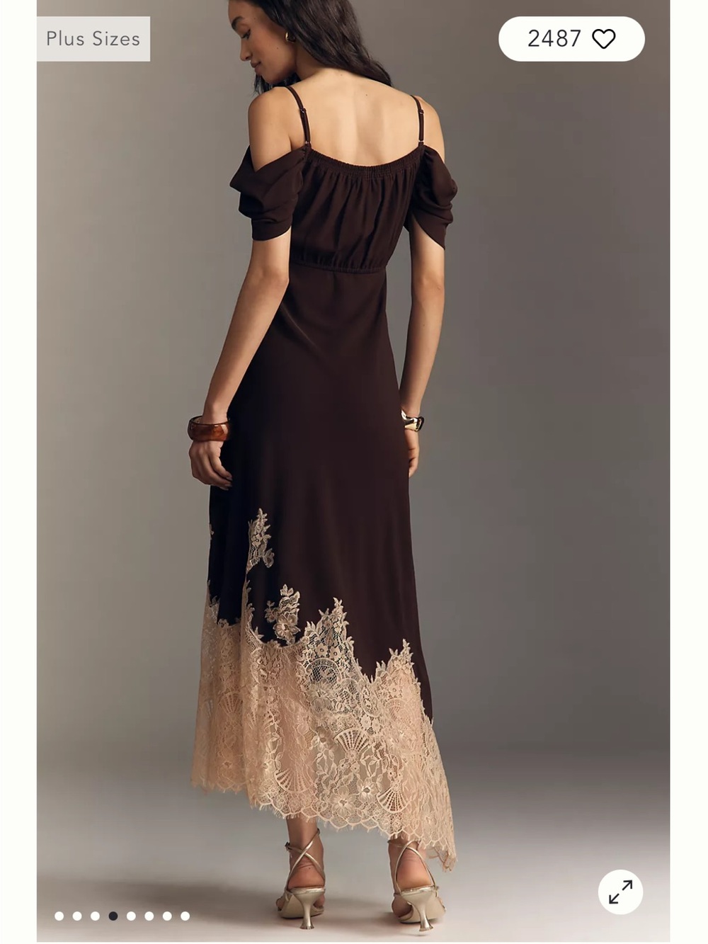 Anthropologie Bl-nk Satin Off-Shoulder Lace Midi Dress Small Reg Chocolate Brown - Picture 5 of 13